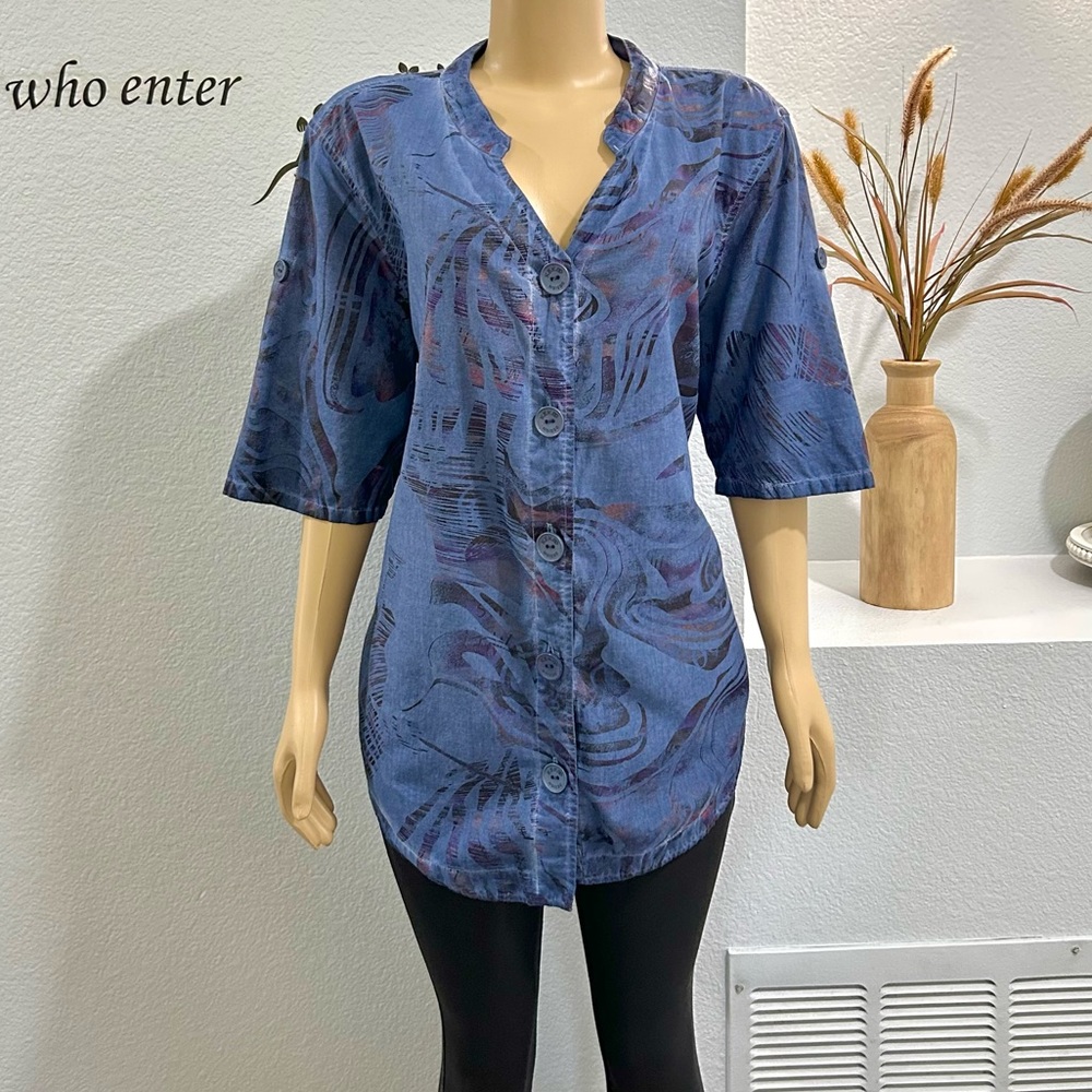 KEKOO PLUS SIZE 18-20 Tunic Top Blue Abstract Blouse 100% Cotton